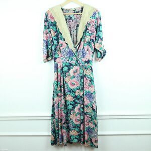 Vintage Victorian Granny Dress Floral Lace Cottagecore Romantic‎ Floral Midi M L